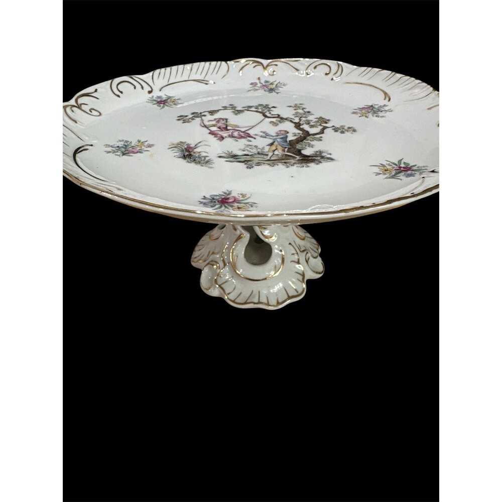 Vintage Cake Stand Plate Courting Couple 9" X 5" Gold Trim